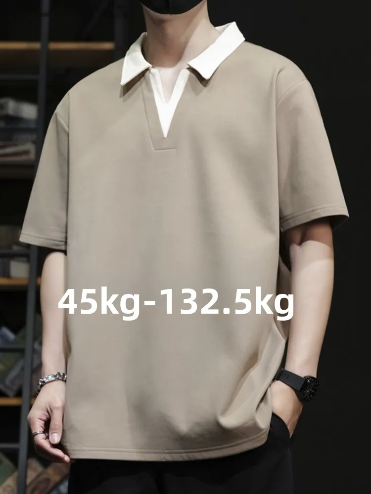 

Мужская летняя футболка больших размеров с отложным воротником, из ледяного шелка, приталенная, модная, в городском стиле