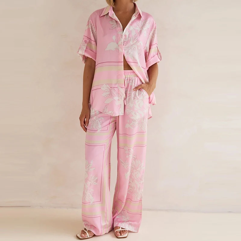 

Female Lapel Short Sleeved Top and Pants Summer Suits Fashion High Street Loose Set Casual Pattern Printed Comfort Home Clothes