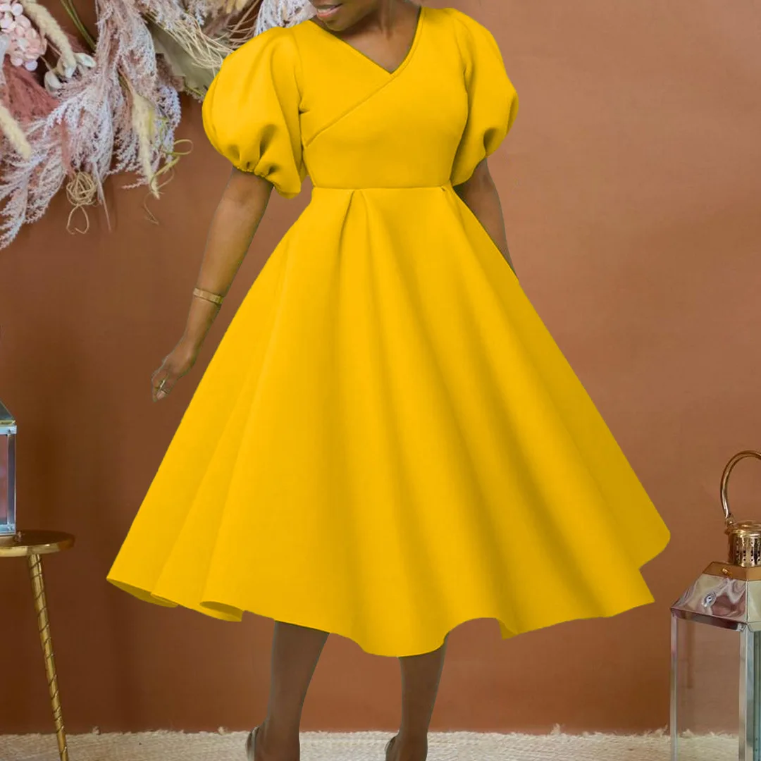 

Women's new fashion V-neck bubble sleeve large size dress African dress temperament simple sexy high-end clothing