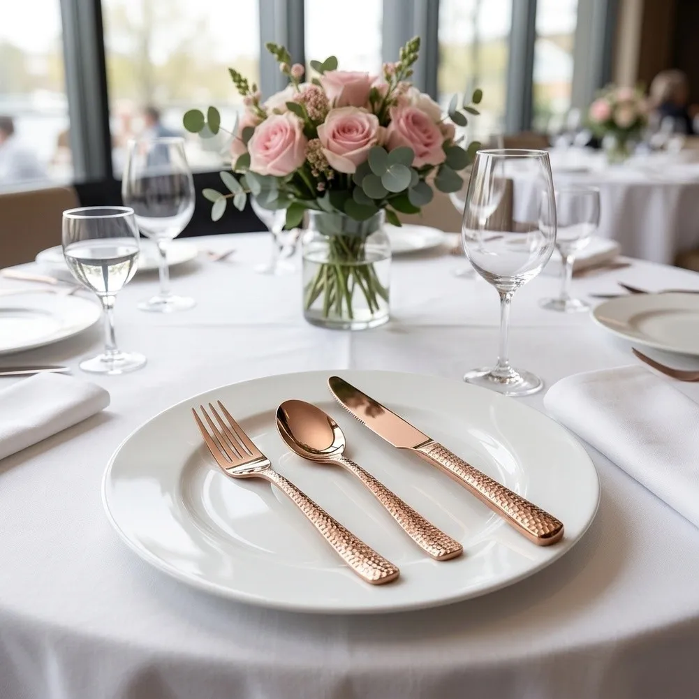 4 Piece Stainless Steel Utensils with Subtle Pink Gold Tone and Distinctive Hammered Handle for Formal Settings