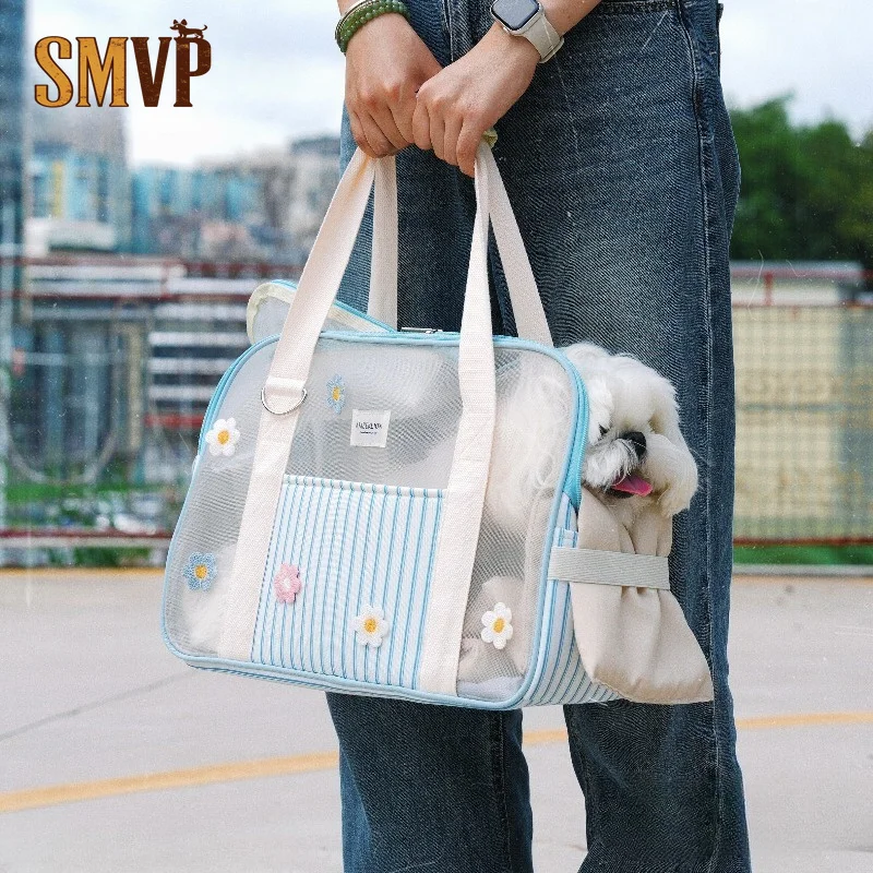 Cute Floral Decor Pet Travel Tote Bag Mesh Ventilation Lightweight Hand & Cross Body Portable Outdoor Carrier for Small Pets