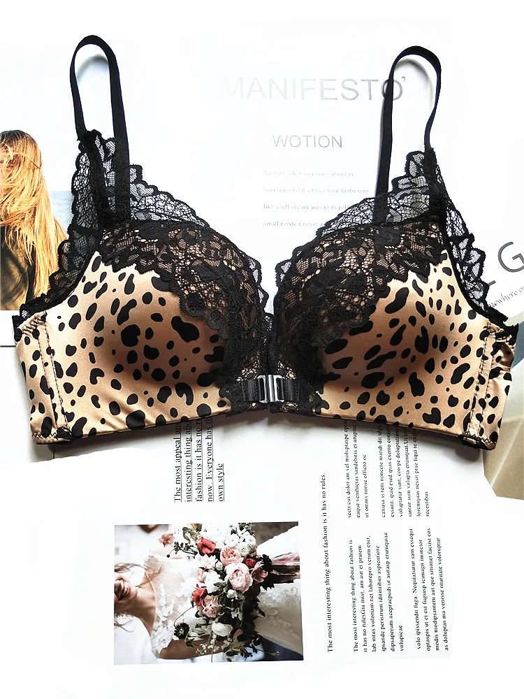 MOYISU Front Closure Bralette Panty Set Women Push-Up Enhancer Small Chest Wireless Leopard Trim Adjustable Straps Girly Allure