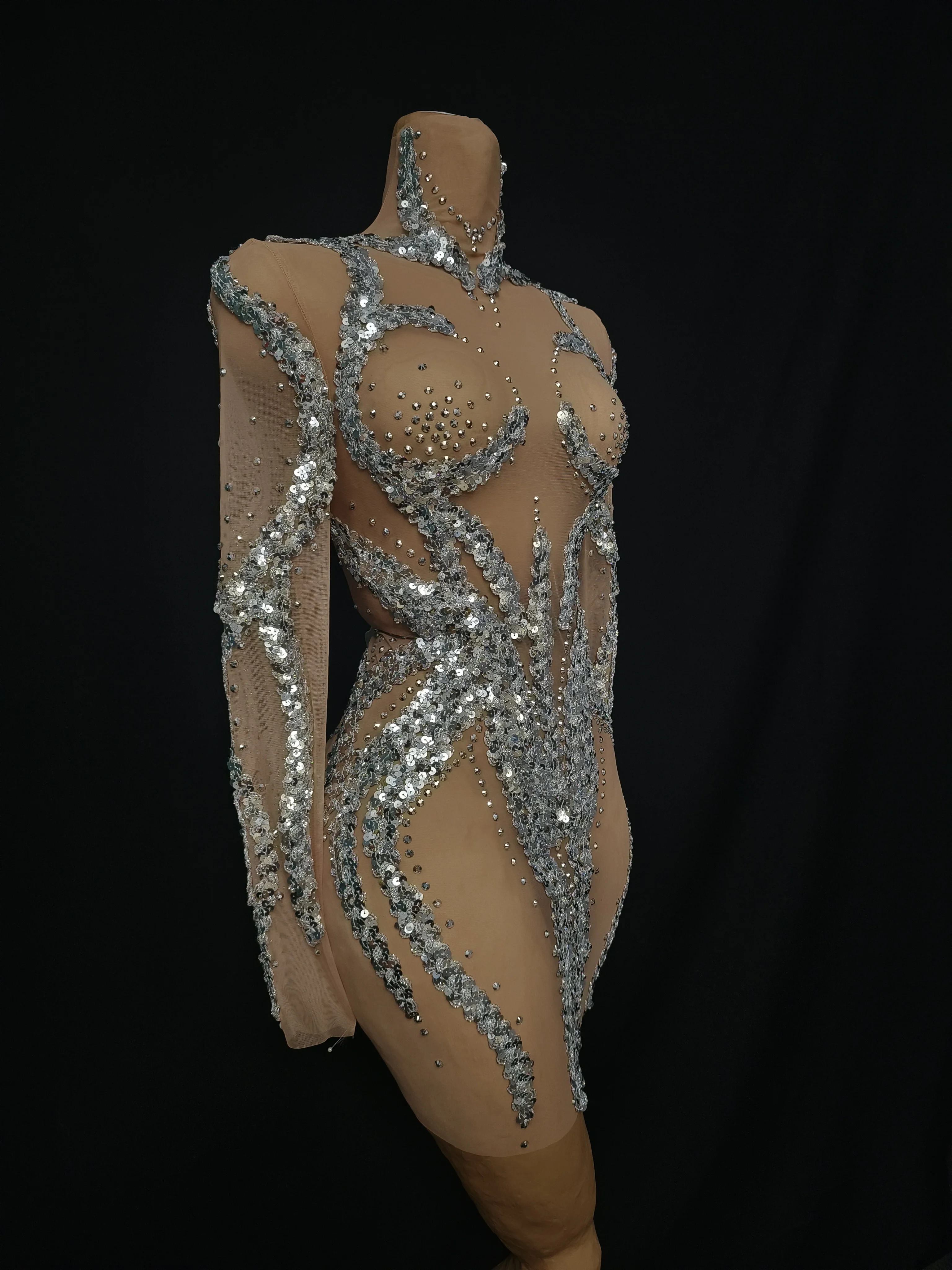 Vrouwen Sparkly Steentjes Pailletten Transparante Bodycon Mini Jurk Lange Mouw Coltrui Nachtbar Club Prestaties Kostuums