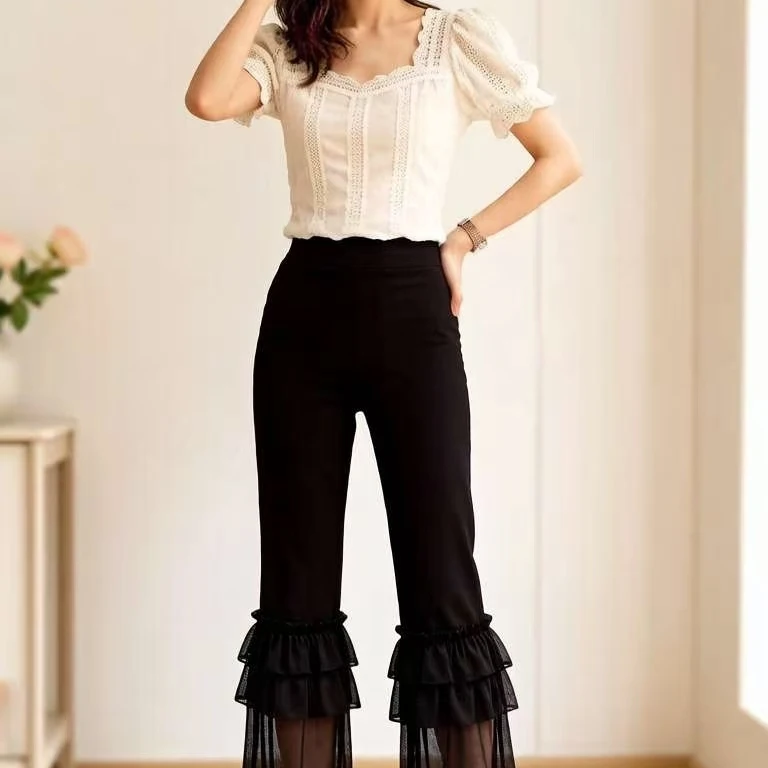 High Waist Flared Casual Pants Spring Summer Black Lace Trim Splicing 9 Point Retro Women's Polyester Fiber 100%