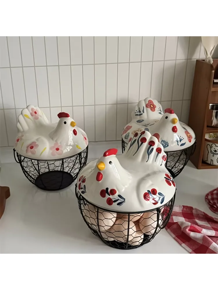 1pc Farmhouse Hen-Shaped Ceramic Egg Baske -Ceramic Egg Holder with Lid,Rustic Kitchen Organizer for Fruits/Veggies
