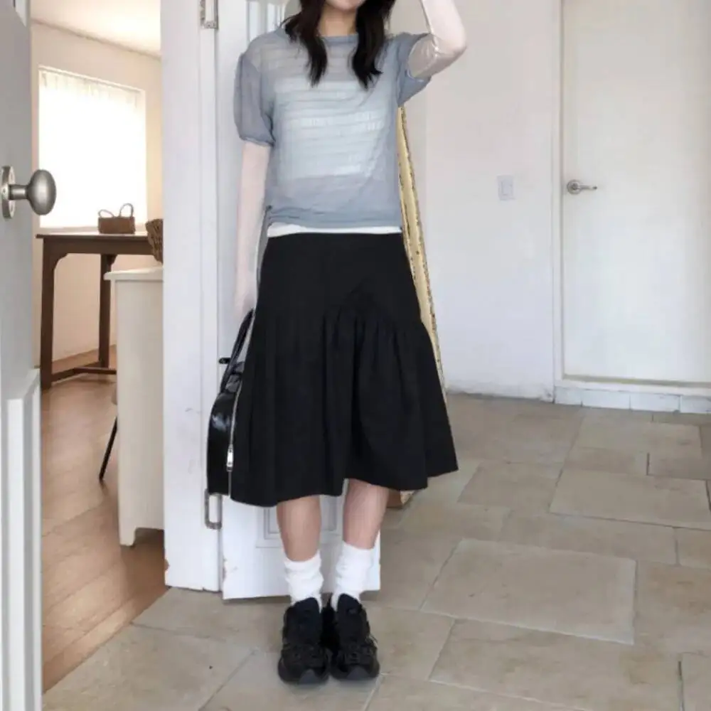 

Корейская шикарная свежая модная сетчатая милая футболка в стиле пэчворк с рюшами и пышными рукавами, складная короткая рубашка, универсальный повседневный укороченный топ