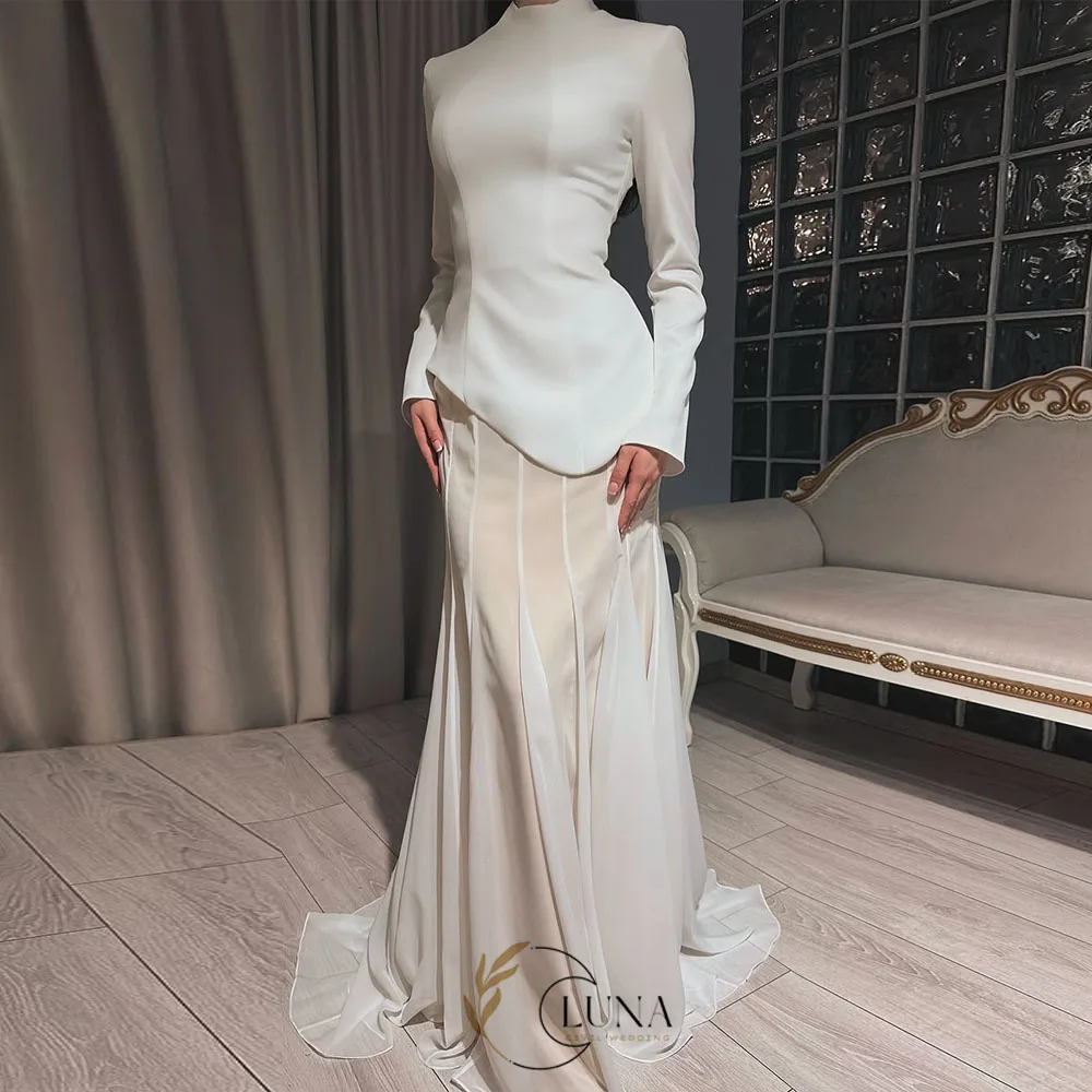 Luna Long Sleeves Crepe Ivory Formal Prom Dresses Wedding Special Occasion Evening Dress Chic Design Party Gown