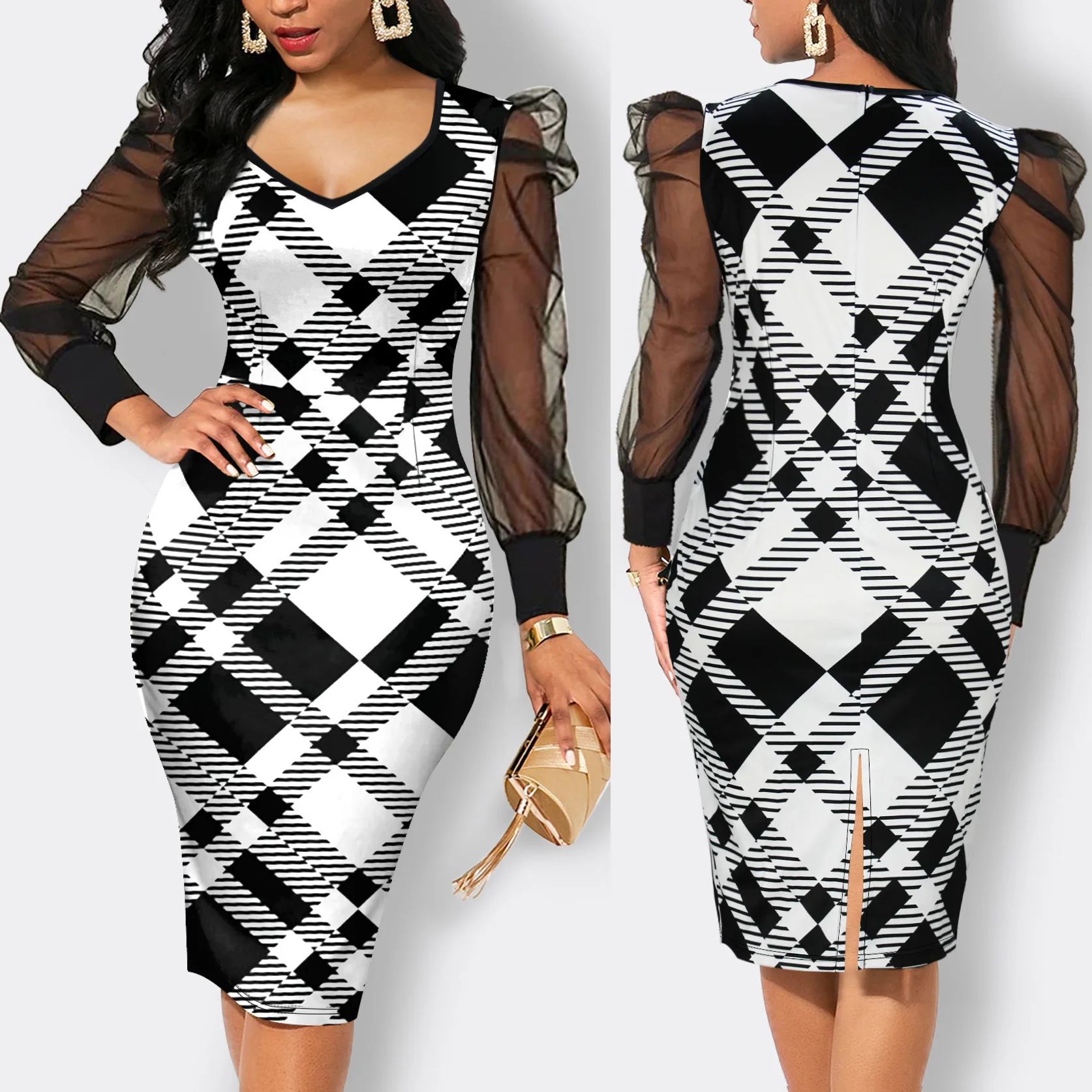 Sexy moda elegante vestido impresso com decote em v manga longa malha vestido feminino estilo europeu e americano novo