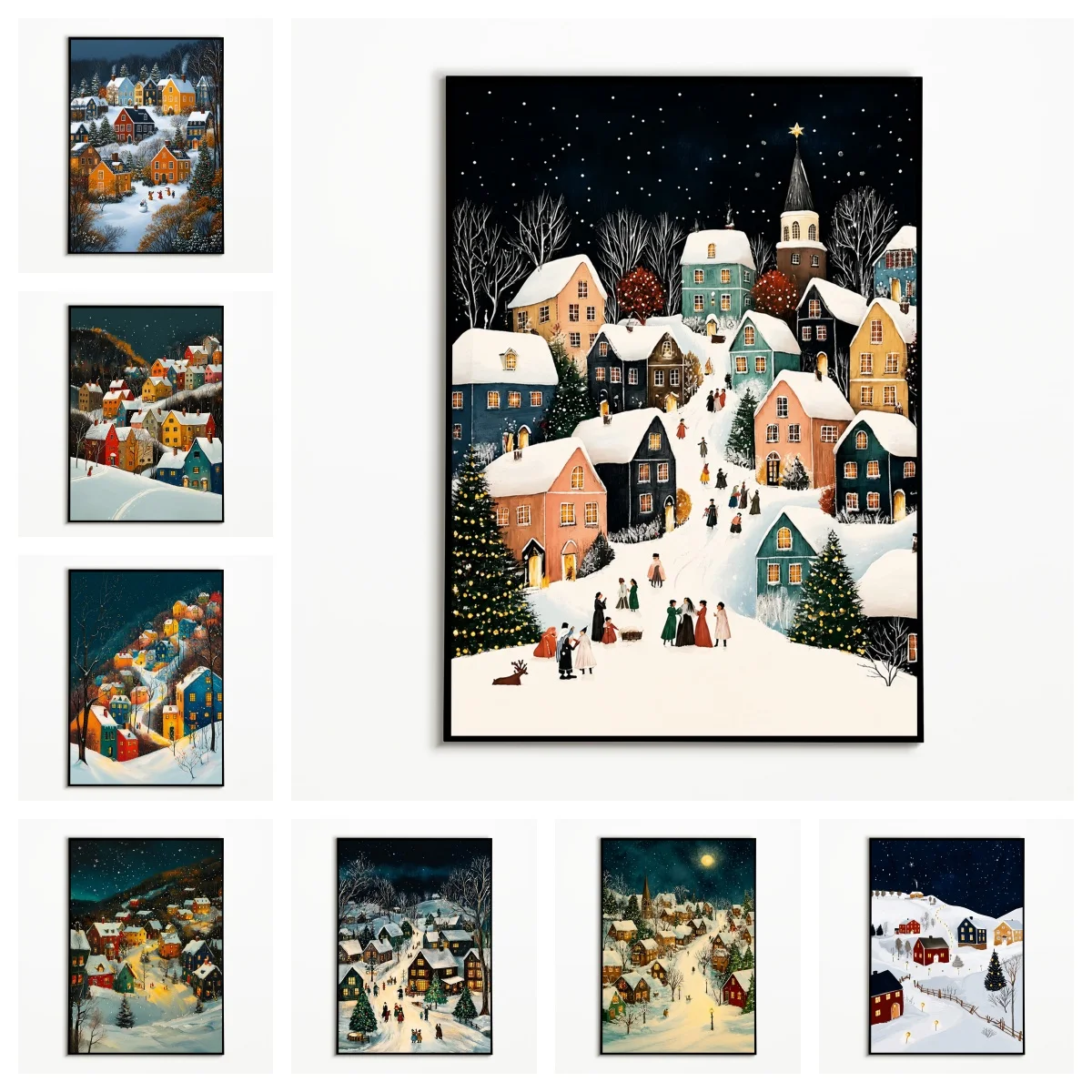 1PC Christmas Snow Scene Poster Winter Fairy‑tale Night Town Wall Art Retro Canvas Printing Festival Gift Bedroom Wall Decor