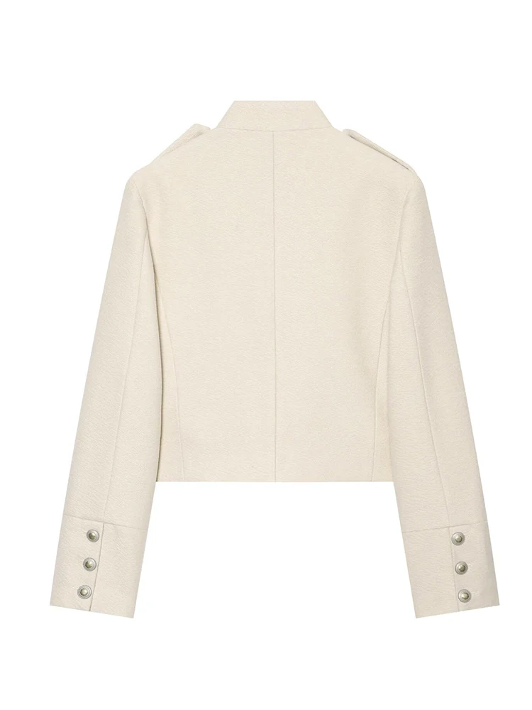 TFMLN Women Jackets Stand Collar Buttons Decor Shoulder Strap Decor Cropped Long Sleeve Vintage Napoleon Style Outerwear