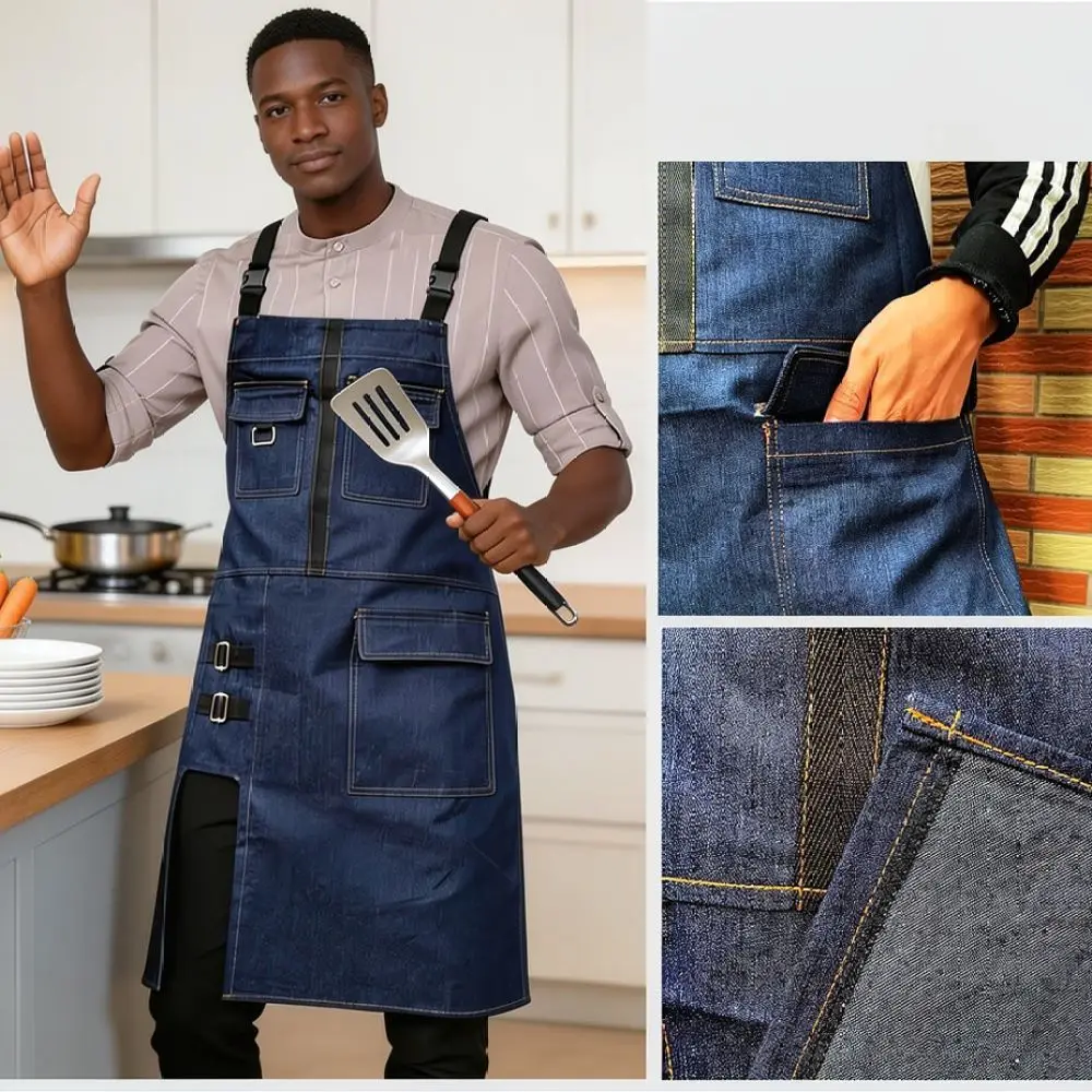 Professional Chef Apron Waterproof Canvas Denim Workwear Split Design For Kitchen Bbq Serving Cleaning Apparel Bibs