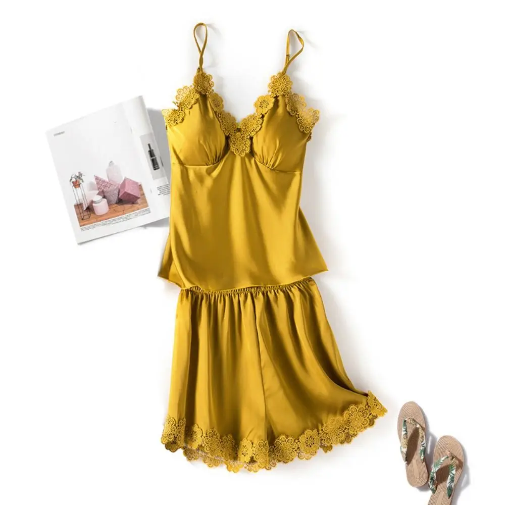 

Ice Silk Lace Pajamas Suit Sleeveless V-Neck Sling Shorts Nightwear Loose Female Home Clothes Two Piece Sleepwear Sets Sleeping