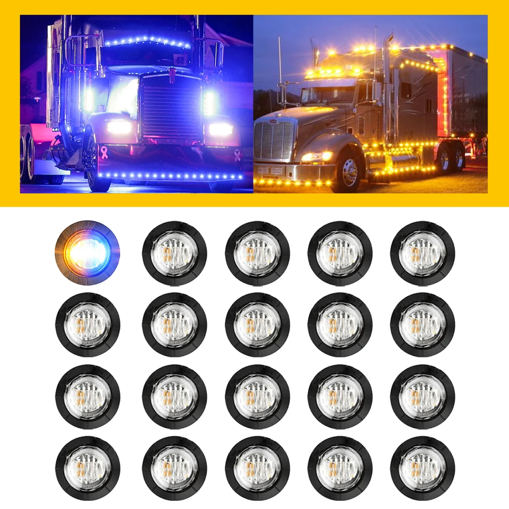 

20Pcs Dual Color Round LED Clearance Side Marker Lights Yellow Bule Clear LENS For 12-24V Truck Trailer Turn Signal Light