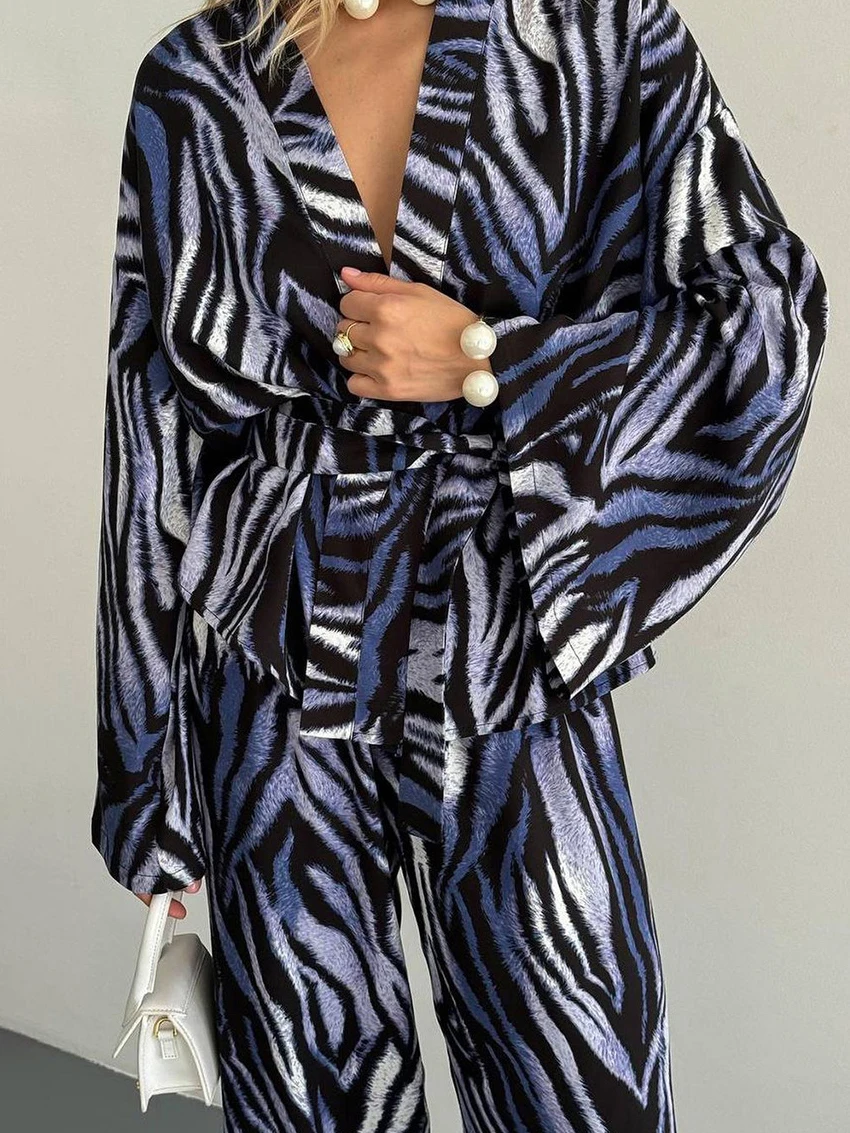 Marthaqiqi Printing Women Sleepwear Set Long Sleeve Pajamas V-Neck Nightie Lace Up Nightwear Pants Casual Ladies Nightgowns Suit