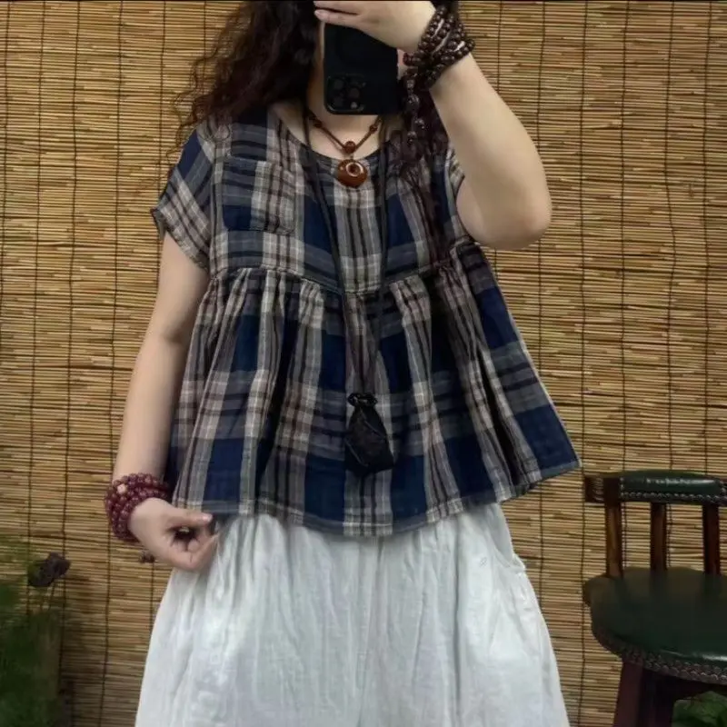 

Women's plus Size Short Sleeve T-Shirt round Neck Loose Fit Base Shirt Slimming Summer New Plaid Fashion Top Breathable