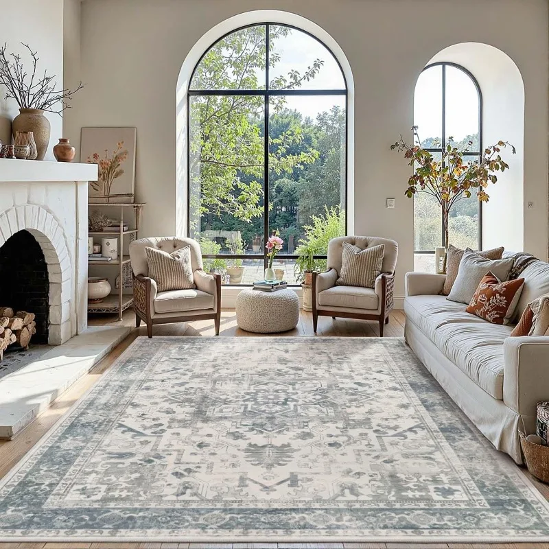 Stylish Vintage Persian Light Gray Blue Pattern Area Rug  American Luxury Carpet Non-Slip Machine Washable Large Home Floor Mat