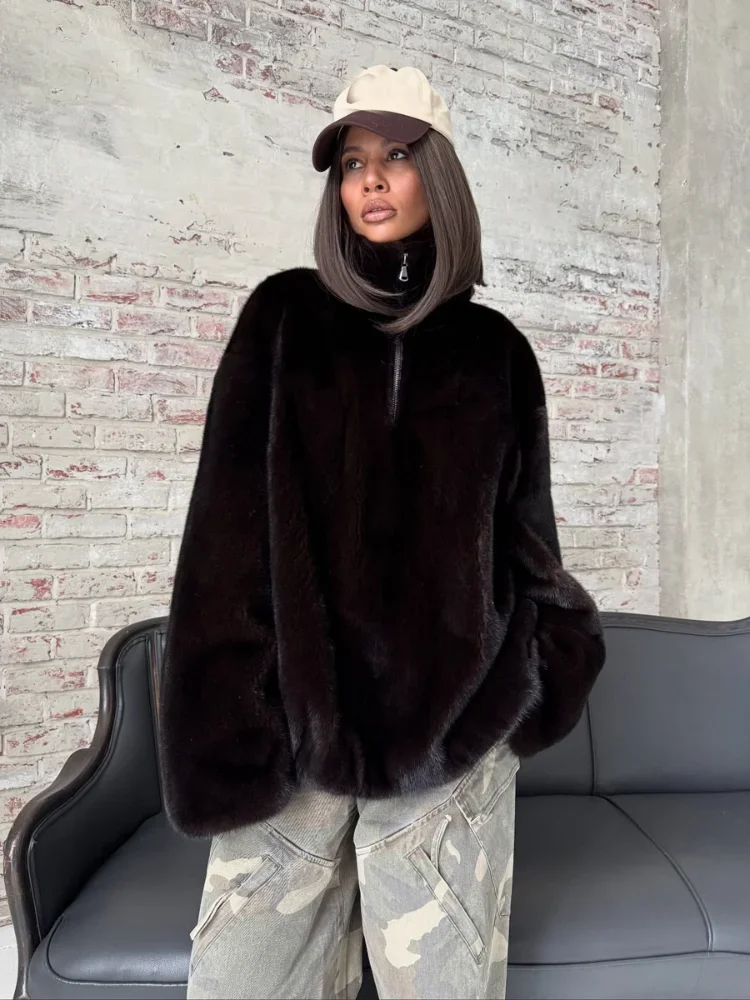 Lady Black Faux Mink Fur Zip Up Top Eco Artificial Warm Overcoat Loose Top 2026 Autumn Winter Daily Street Chic Hot Outerwear