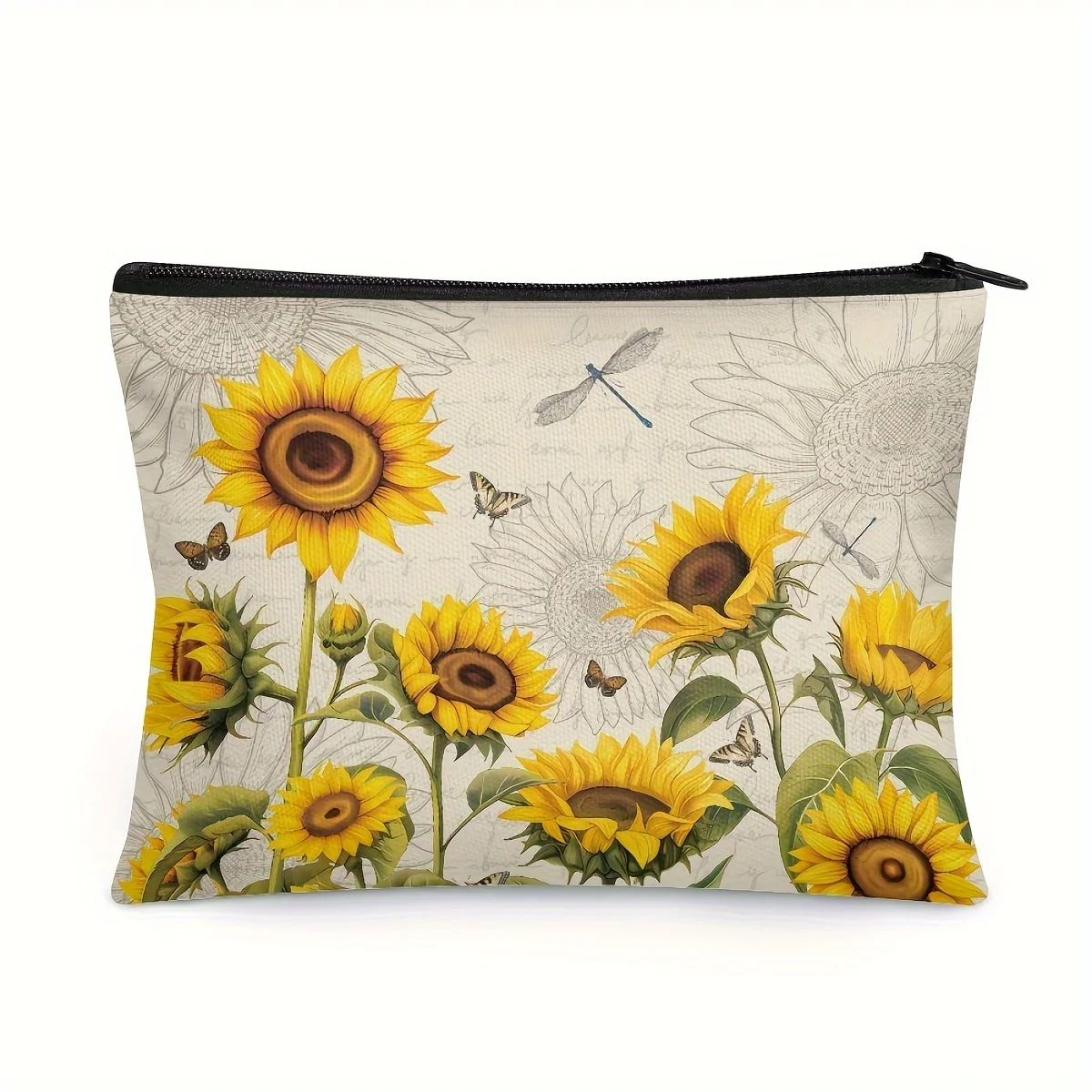 Borsa per il trucco in tessuto di lino con stampa girasole borsa per cosmetici da viaggio con pochette con cerniera per borsa da donna