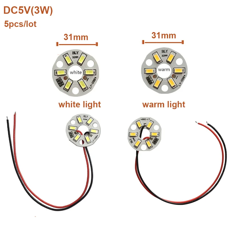 5Pcs LED Chip for Lamp Bulb  Light Board 5V 3W 6LEDs SMD5730 Round Bulb Lamp Source with 20cm line Dia 31mm Warm/White Light