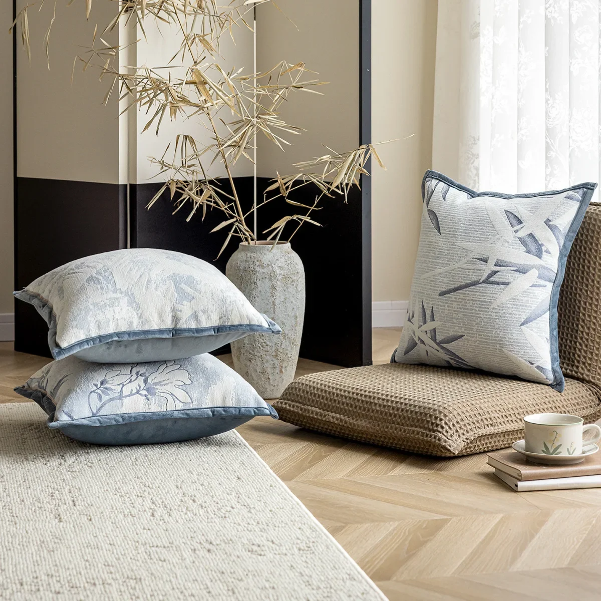 Blue Light Luxury Pillow Covers Decorative Geometric Plant Jacquard Cushion Cover 45*45cm Home Decor Living Room Pillowcases