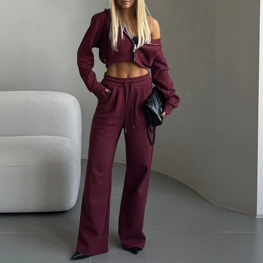 女性用 スリムフィット ソリッドカラー フード付き クロップドトップとアンクルパンツセット 長袖 ジッパー ナチュラルウエスト デイリーコーデ