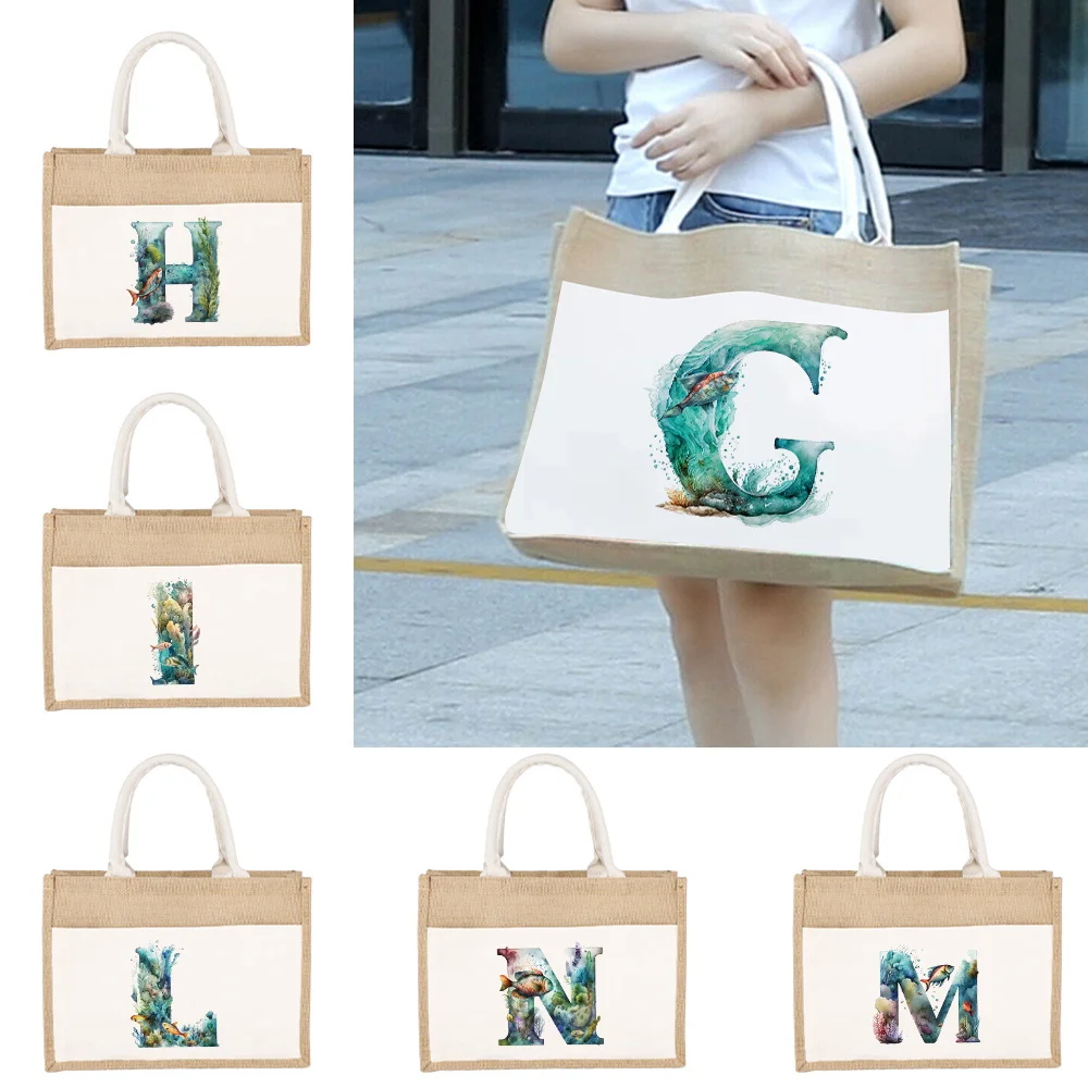 New Women's Shopping Bag Linen Shoulder Bag Fish Letter Printing Pattern Yellow Linen Imitation Burlap Commuting Handbag