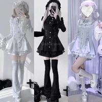 Jirai Kei Black White Bell Sleeve Lace Bow Collar Ryousan Dress Women Sweet Kawaii Dark