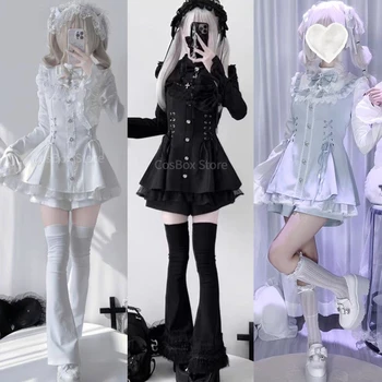 Jirai Kei Black White Bell Sleeve Lace Bow Collar Ryousan Dress Women Sweet Kawaii Dark