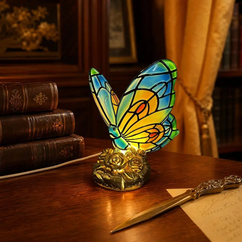 

Desk Lamp Warm Light Cute Butterfly Rose Bedside Table Lamp Stained Glass Wing Shade Nightstand Light Vintage Bedroom Desk Decor