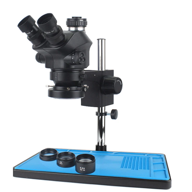 Industrial Lab Jewelry Electronic 7X 50X Simul Focal Stereo Trinocular Microscope with 1.0x 0.5x 2.0x Auxilliary Objective Lens