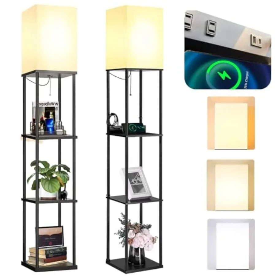 

2 Packs Floor Lamp w. Shelves Including 2AC Outlets and 2USB Ports 9W LED Light Bulb 3 Color Temperature Soft/Cool/Daylight Whi