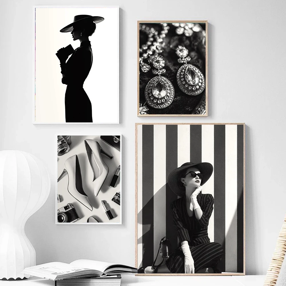 Black And White Luxury Fashion Women Perfume High-Heeled Shoes Jewelry Photography Art Photos Poster Canvas Print Home Decor