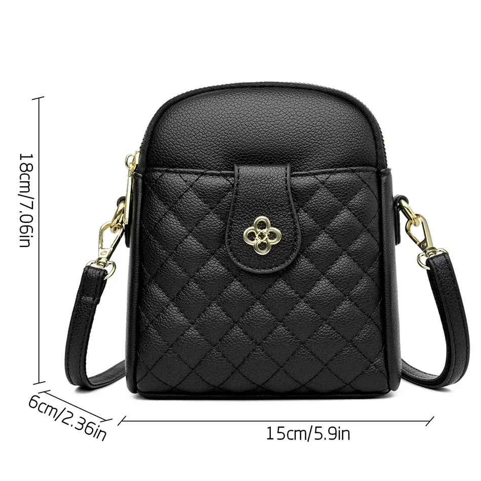 Simple Embroidery Diamond Checkered Women\'s Small Crossbody Bag Dual Pocket Soft Leather Phone Bag Wallet for Women