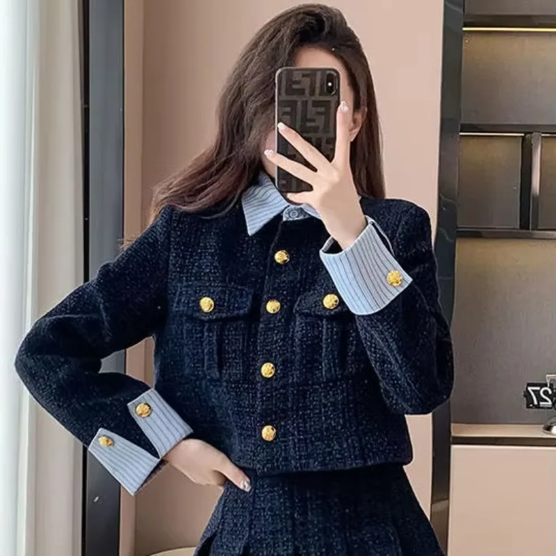 Lnsozkdg Lady Splicing Small Fragrance Style Skirt Suits Women Winter Korean Outfit Stylish Pleated Short Skirt Two-Piece Sets