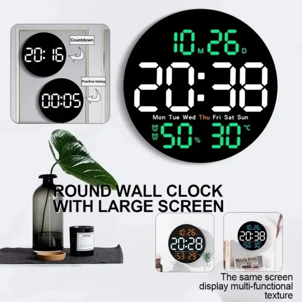 Remote Control 10 Inch LED Wall Clock Temperature/ Humidity Display Large Screen Wall-mounted Electronic Clock Timing Countdown