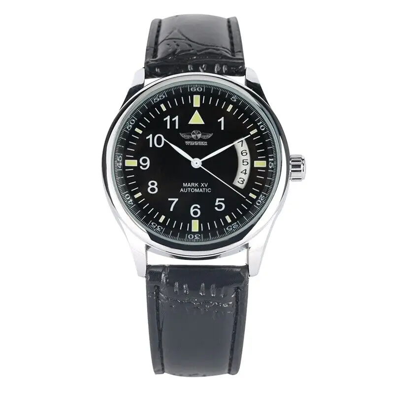 WINNER Mens Automatic Mechanical Watch Black/White Luminous Dial Black Leather Watches