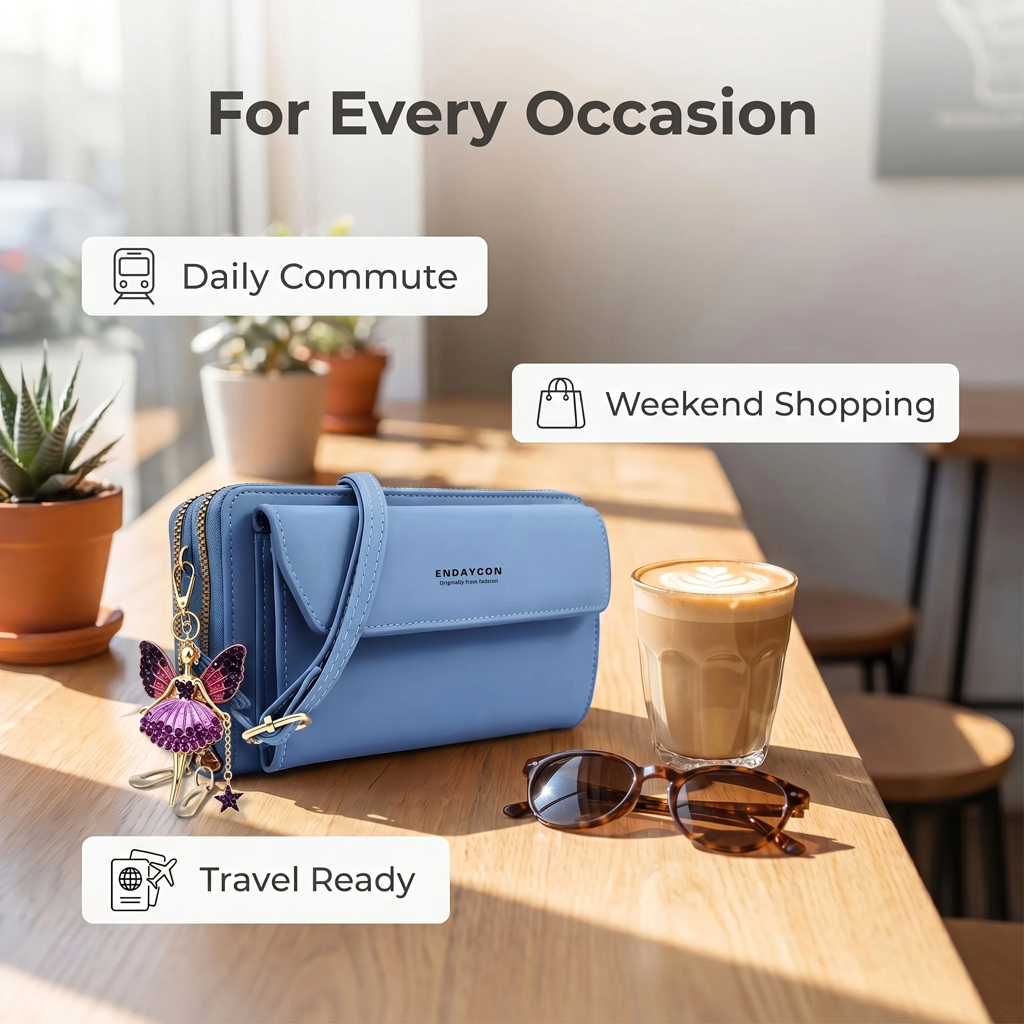 Women's Crossbody Phone Bag with Fairy Pendant, Adjustable Strap Multi Card Slot Wallet, Minimalist Solid Color Shoulder Bag