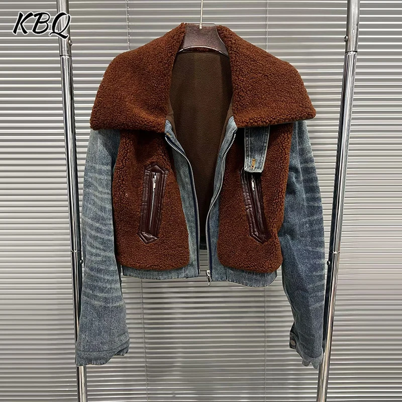 

KBQ Spliced Zipper Loose Casual Design Sense Coats for Women Sailor Collar Long Sleeve Minimalist Jackets Female Fashion Winter