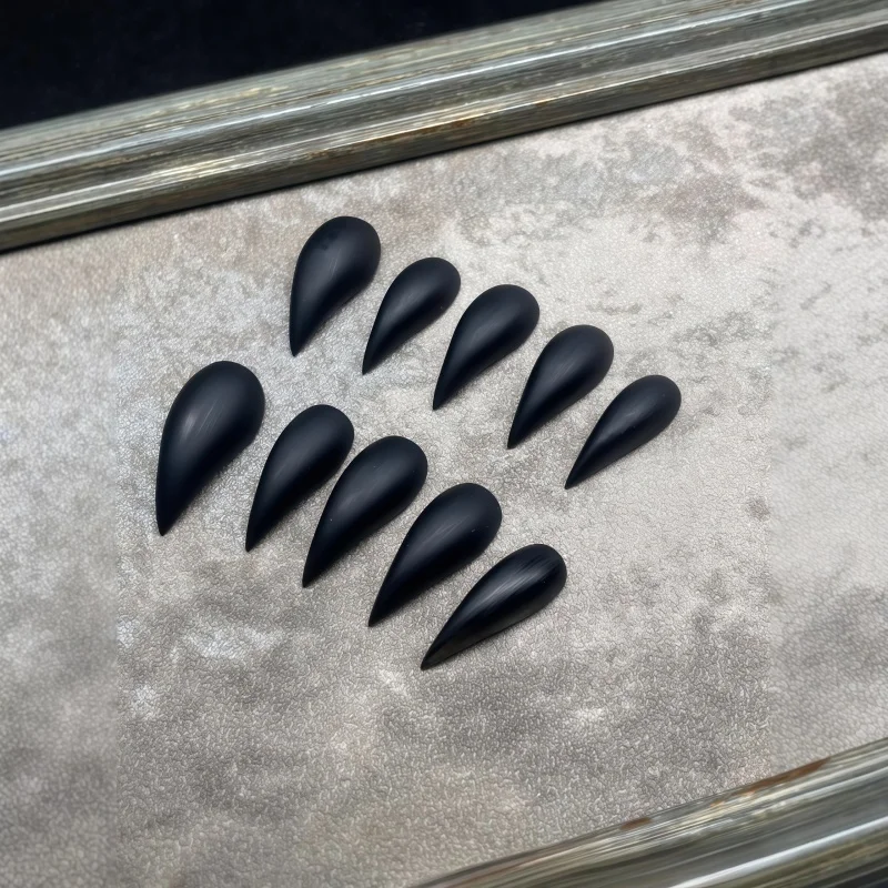 10PCS Long matte black dagger-shaped nail stickers, pure black pointed tip reusable gothic punk fake nails.