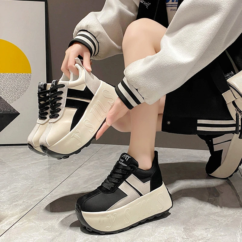 LazySeal buty na platformie kobiety 7.5cm wysokie góry kobiety buty zasznurować wiosna jesień trampki Chunky Sneaker Wedge białe buty na co dzień