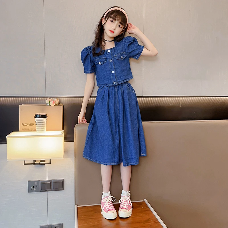 

summer teenager girls clothes skirt sets short Bubble sleeved denim tops+Full Skirt 2pcs 4-16 kids suits childer clothing outfit