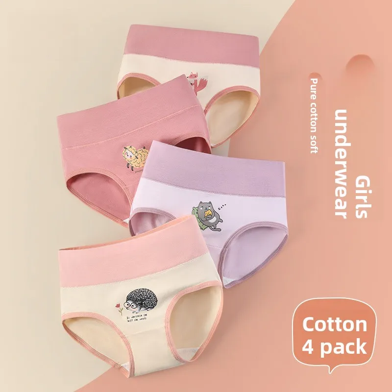 

4-Pack Cotton Kids' Underwear High-Waisted Antibacterial Cute Print Girls' Briefs for Small To Medium Children Ages 6-12