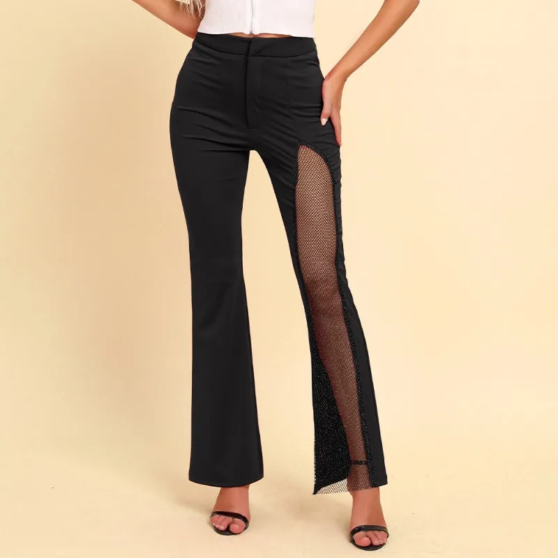 Fashion Flared Pants for Women Grenadine Mid Waist Pants Streetwear Women\'s Clothing Glitter High Slit Boot Cut Flared Trousers