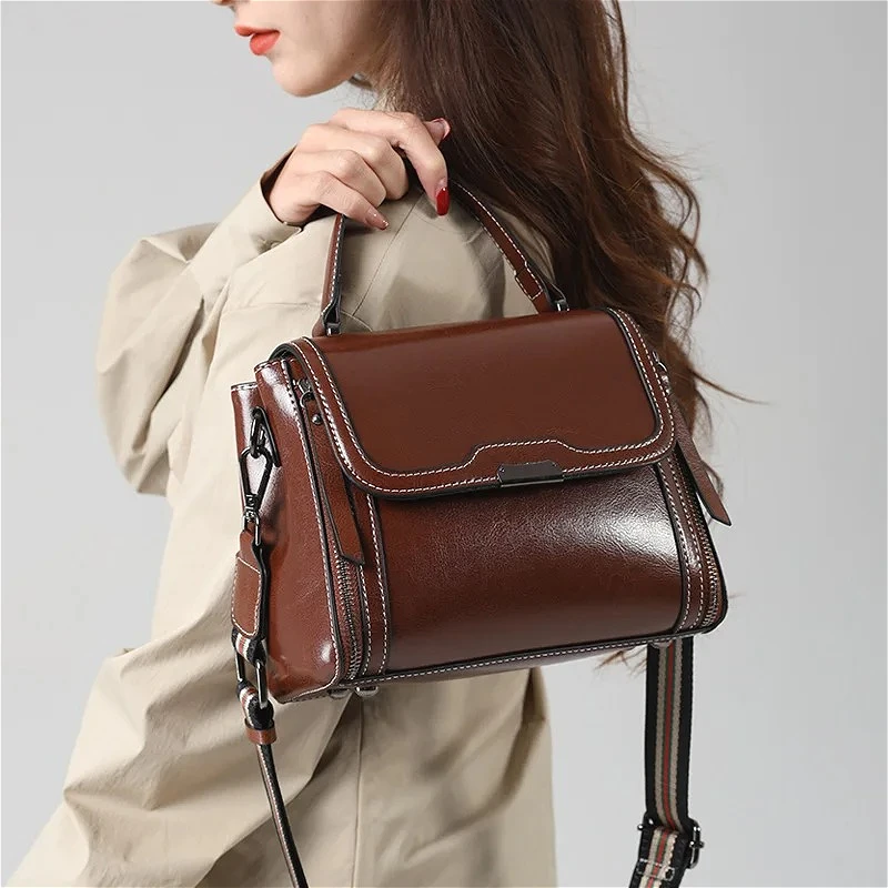 Vintage Oil Wax Leather Crossbody Bag for Women - Retro Small Square Handbag with Wide Stripe Strap, Top Handle Satchel Purse