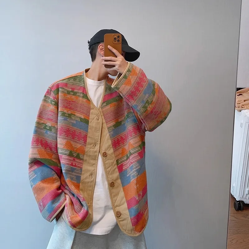 Cleanfit American Retro Loose Ethnic Style Color Block Woolen V-neck Button Rainbow Jacket Men's Outerwear Youth Fashion