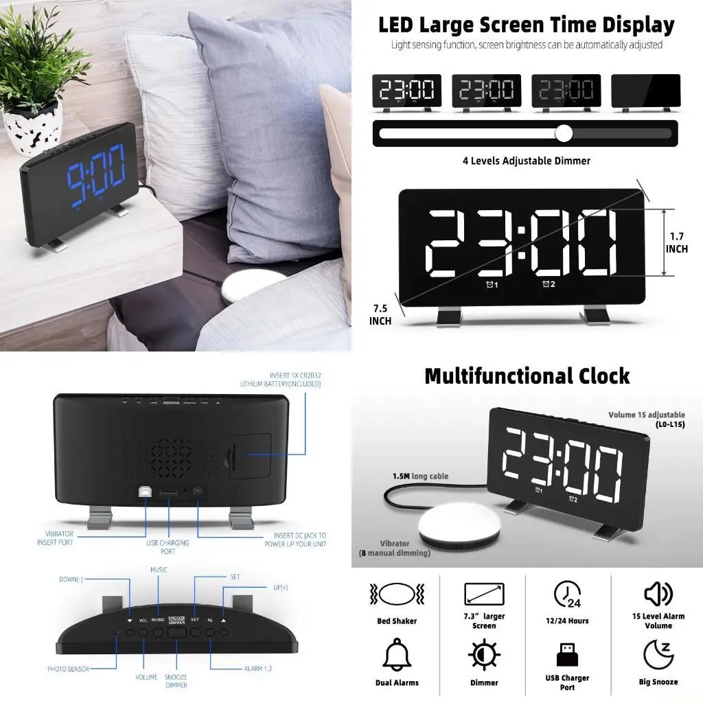 B03F Snooze Digital Vibrating Clock LED Backlight Display with Dual Alarm Night Light