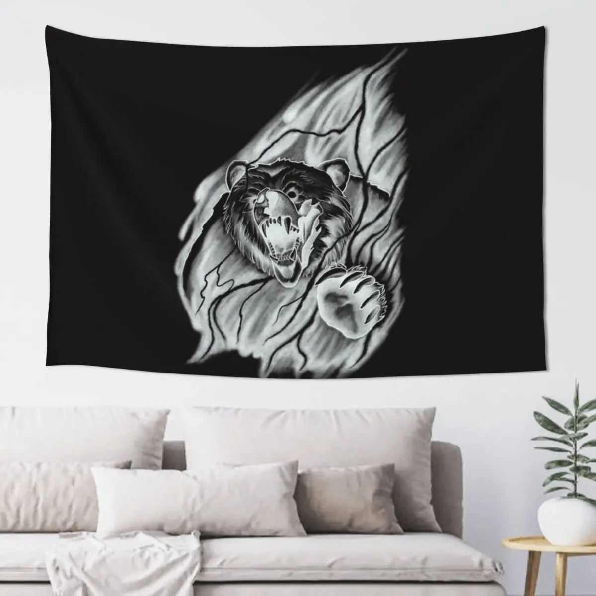 

Roaring Bear breaking through the Mist in a Lightning Storm Tattoo Design Tapestry Wallpaper Home Supplies Tapestry
