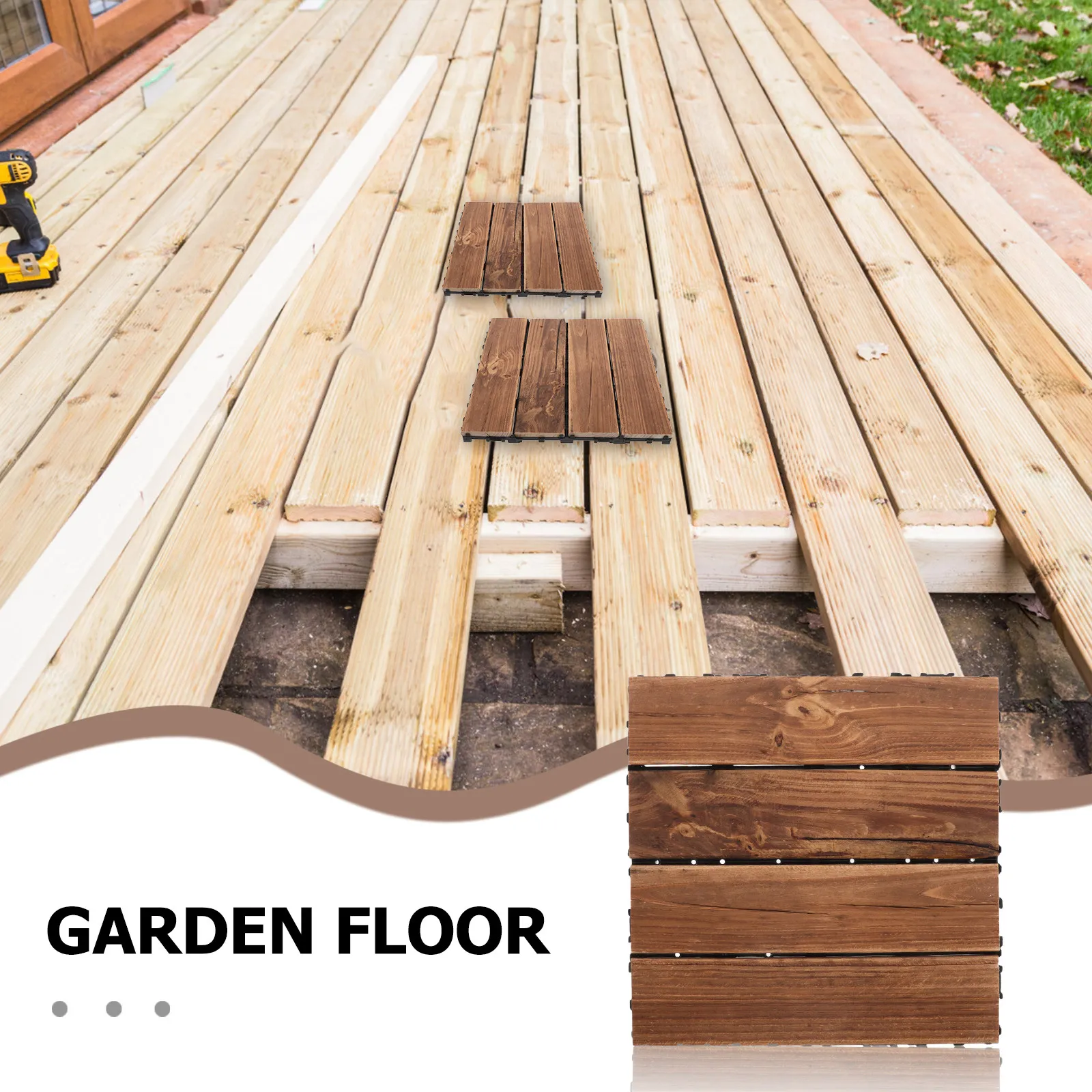 2Pcs Interlocking Natural Wood Tiles Outdoor Anticorrosive Waterproof Patio Balcony Deck Flooring Garden Deck Tiles Easy Install