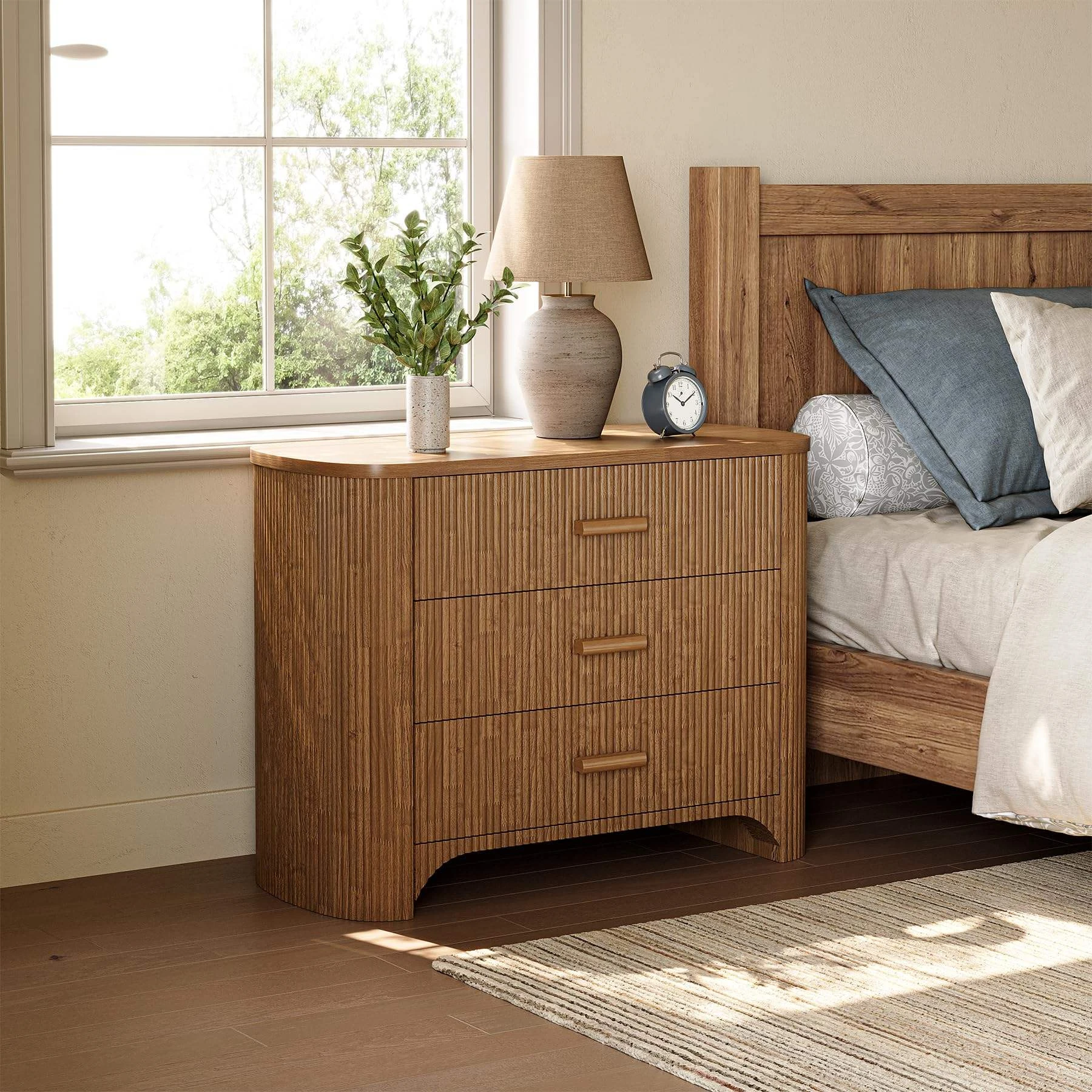 #Modern Light Brown Wooden Nightstand Three Drawers Vertical Stripe Textured Bedside Storage Cabinet Minimalist Apartment Bedroo