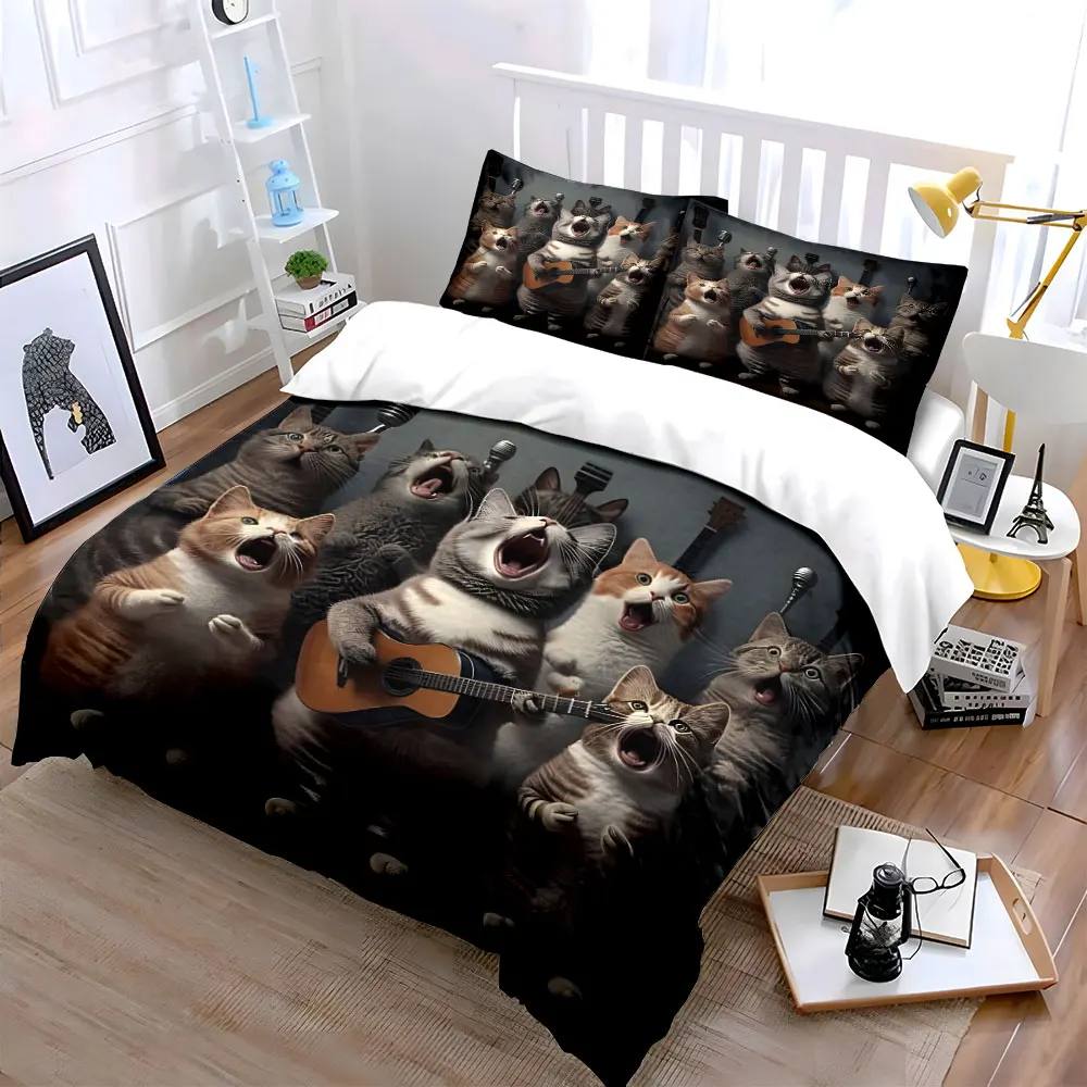 Enthusiastic Cat Band Singing Print Bedding Set 1 Duvet Cover 2 Pillowcases for Adult and Children Luxury Gift Full Size